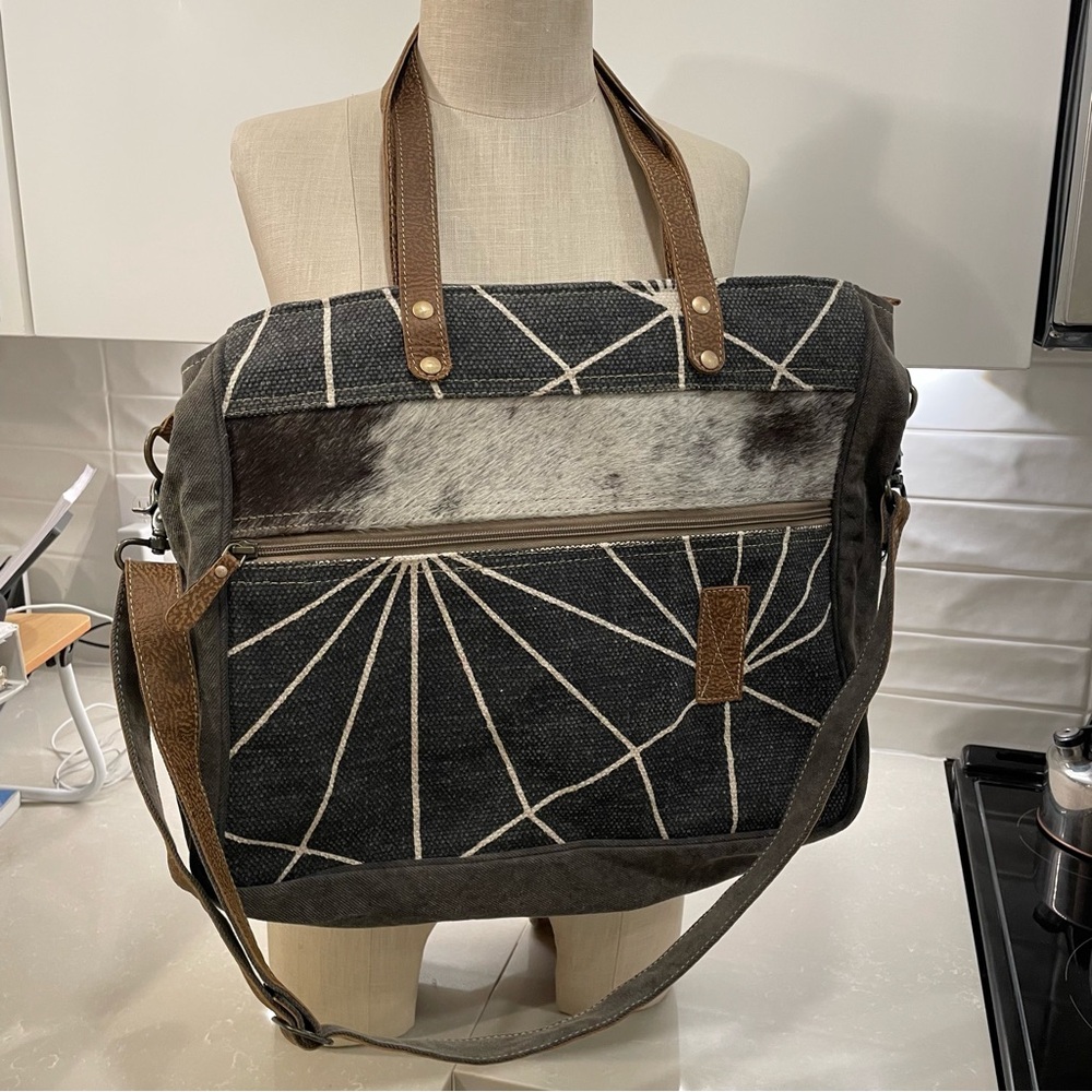 Myra Bag Cream and Brown Lined Tote Interior